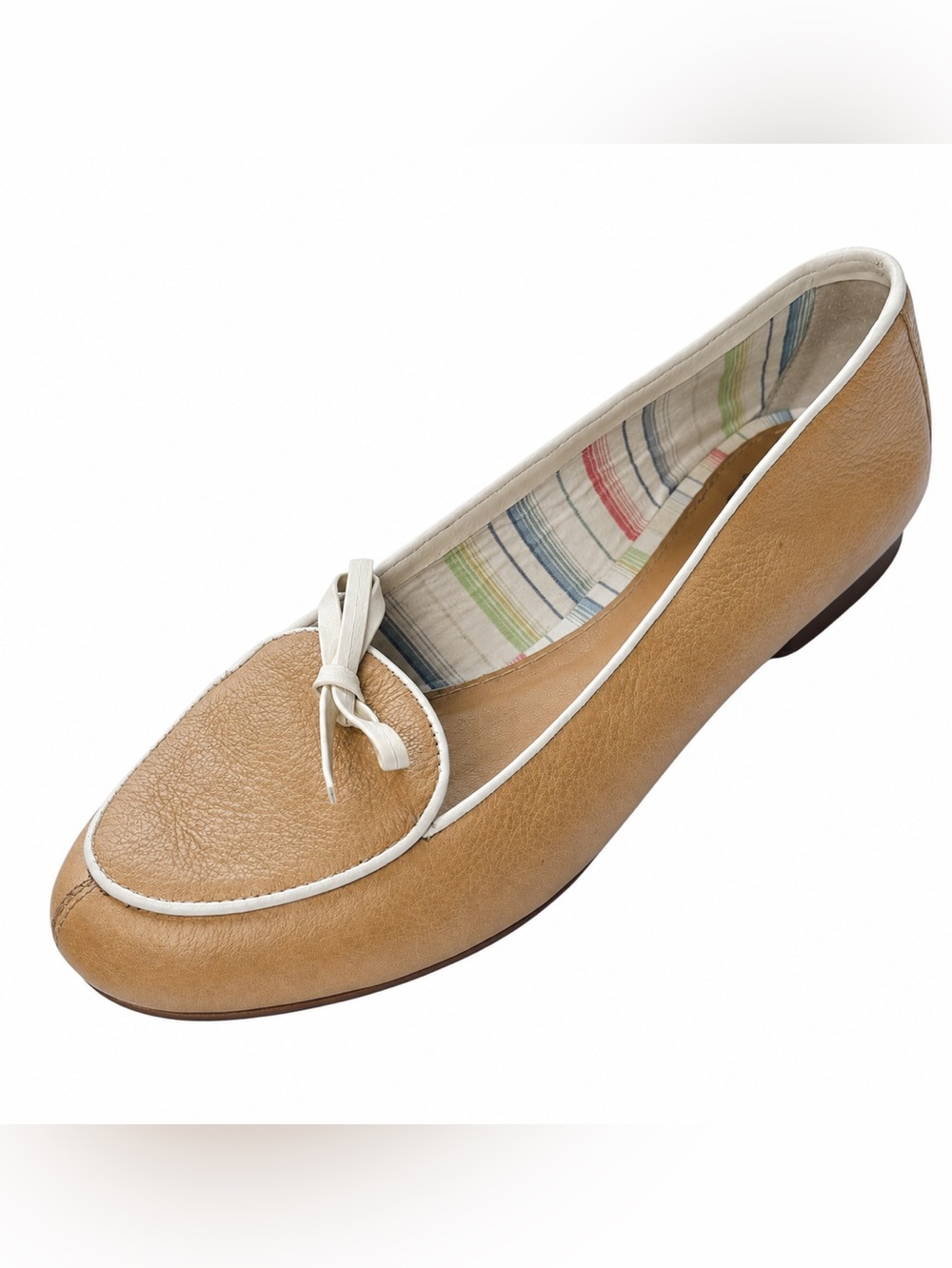 White Mt Tavia Loafers Womens 7.5 Tan Slip-On Leather Loafer w/ Cream Trim & Bow